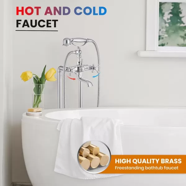 imagegotonovo Freestanding Bathtub Faucet Floor Mount Tub Filler with Double Cross Knobs 360 Rotation Spout High Flow Floor Standing Bathtub Shower Bell Shape Handheld Spray Polished ChromePolish Chrome