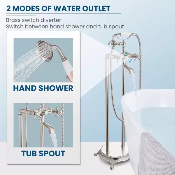 imagegotonovo Freestanding Bathtub Faucet Floor Mount Tub Filler with Double Cross Knobs 360 Rotation Spout High Flow Floor Standing Bathtub Shower Bell Shape Handheld Spray Polished ChromeBrushed Nickel