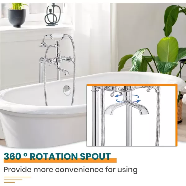imagegotonovo Freestanding Bathtub Faucet Floor Mount Tub Filler with Double Cross Knobs 360 Rotation Spout High Flow Floor Standing Bathtub Shower Bell Shape Handheld Spray Polished ChromePolish Chrome