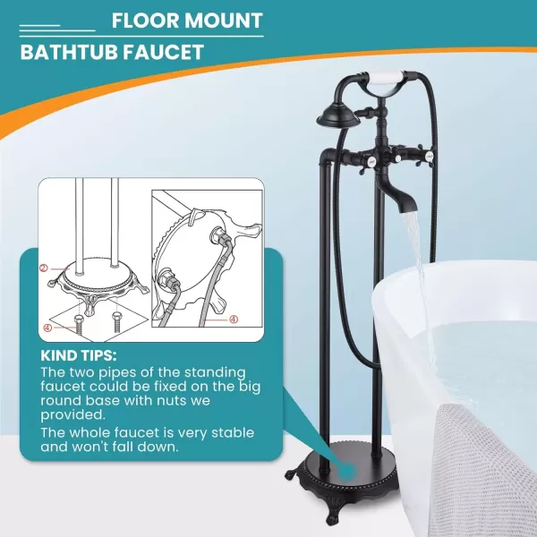 imagegotonovo Freestanding Bathtub Faucet Floor Mount Tub Filler with Double Cross Knobs 360 Rotation Spout High Flow Floor Standing Bathtub Shower Bell Shape Handheld Spray Polished ChromeOil Rubbed Bronze