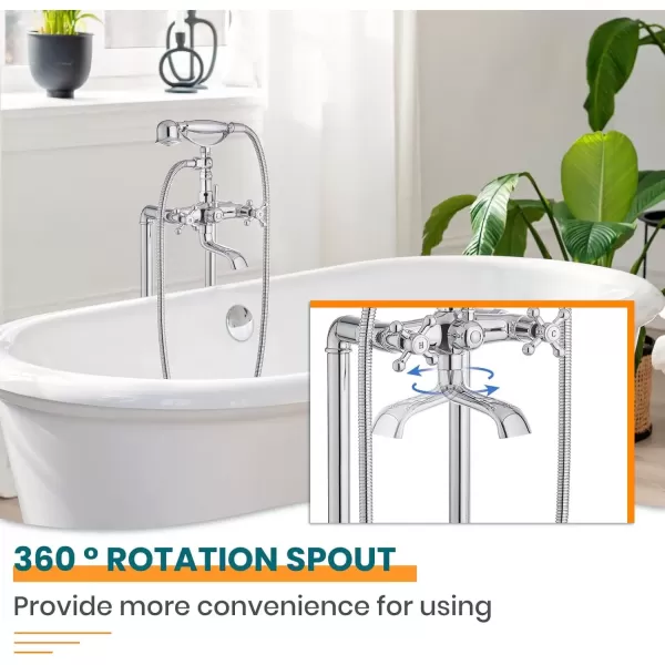 imagegotonovo Freestanding Bathtub Faucet Floor Mount Tub Filler with Double Cross Knobs 360 Rotation Spout High Flow Floor Standing Bathtub Shower Bell Shape Handheld Spray Polished ChromePolish Chrome