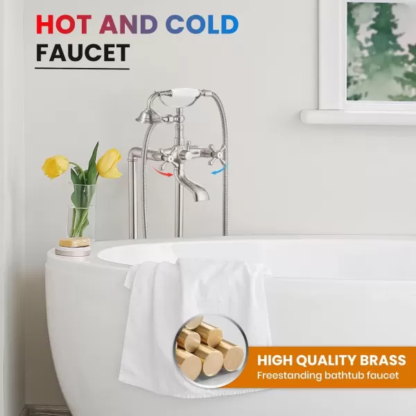 imagegotonovo Freestanding Bathtub Faucet Floor Mount Tub Filler with Double Cross Knobs 360 Rotation Spout High Flow Floor Standing Bathtub Shower Bell Shape Handheld Spray Polished ChromeBrushed Nickel