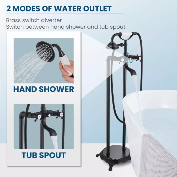 imagegotonovo Freestanding Bathtub Faucet Floor Mount Tub Filler with Double Cross Knobs 360 Rotation Spout High Flow Floor Standing Bathtub Shower Bell Shape Handheld Spray Polished ChromeOil Rubbed Bronze
