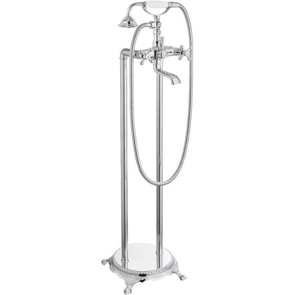 imagegotonovo Freestanding Bathtub Faucet Floor Mount Tub Filler with Double Cross Knobs 360 Rotation Spout High Flow Floor Standing Bathtub Shower Bell Shape Handheld Spray Polished ChromePolish Chrome