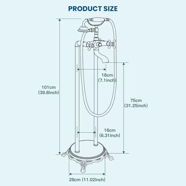 imagegotonovo Freestanding Bathtub Faucet Floor Mount Tub Filler with Double Cross Knobs 360 Rotation Spout High Flow Floor Standing Bathtub Shower Bell Shape Handheld Spray Polished ChromePolish Chrome