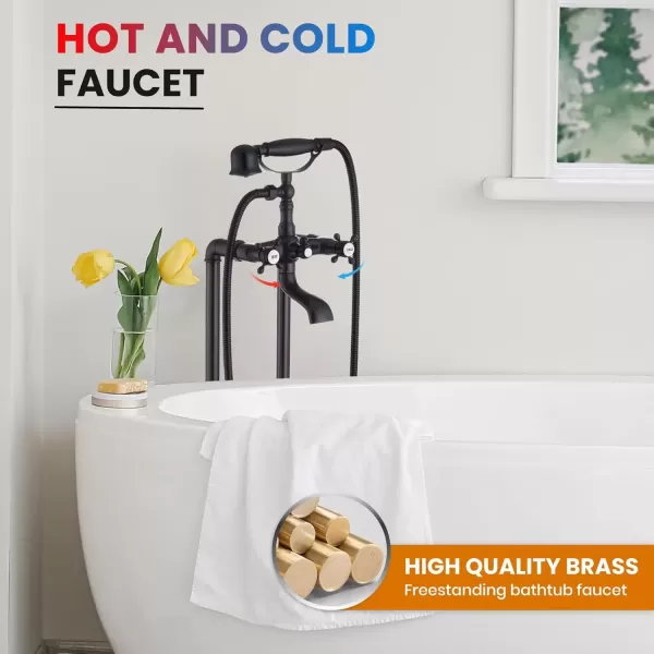 imagegotonovo Freestanding Bathtub Faucet Floor Mount Tub Filler with Double Cross Knobs 360 Rotation Spout High Flow Floor Standing Bathtub Shower Bell Shape Handheld Spray Polished ChromeOil Rubbed Bronze
