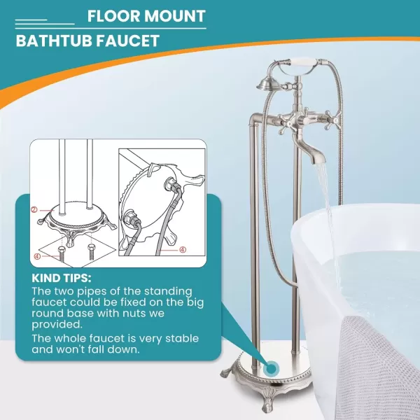 imagegotonovo Freestanding Bathtub Faucet Floor Mount Tub Filler with Double Cross Knobs 360 Rotation Spout High Flow Floor Standing Bathtub Shower Bell Shape Handheld Spray Polished ChromeBrushed Nickel