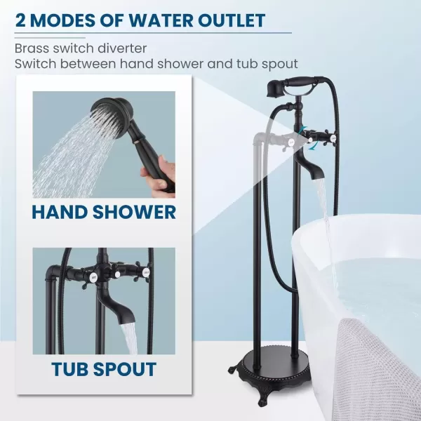 imagegotonovo Freestanding Bathtub Faucet Floor Mount Tub Filler with Double Cross Knobs 360 Rotation Spout High Flow Floor Standing Bathtub Shower Bell Shape Handheld Spray Polished ChromeOil Rubbed Bronze