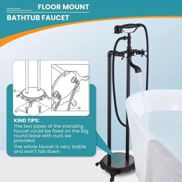 imagegotonovo Freestanding Bathtub Faucet Floor Mount Tub Filler with Double Cross Knobs 360 Rotation Spout High Flow Floor Standing Bathtub Shower Bell Shape Handheld Spray Polished ChromeOil Rubbed Bronze
