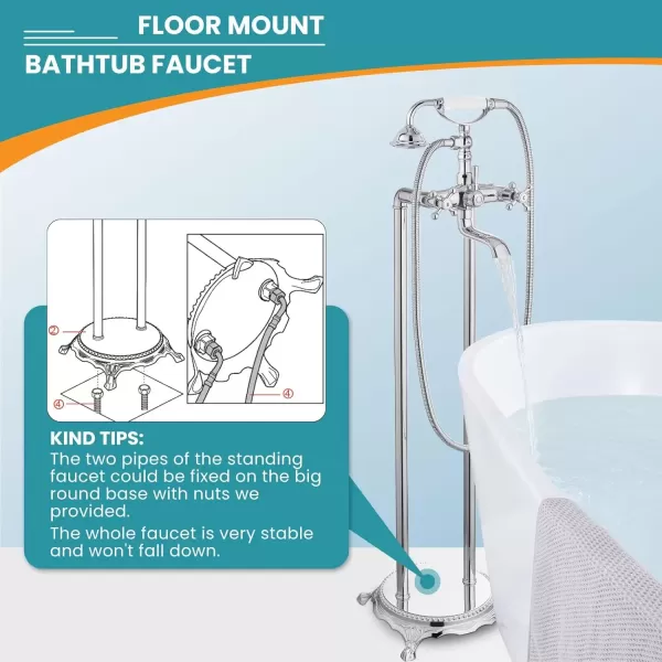 imagegotonovo Freestanding Bathtub Faucet Floor Mount Tub Filler with Double Cross Knobs 360 Rotation Spout High Flow Floor Standing Bathtub Shower Bell Shape Handheld Spray Polished ChromePolish Chrome