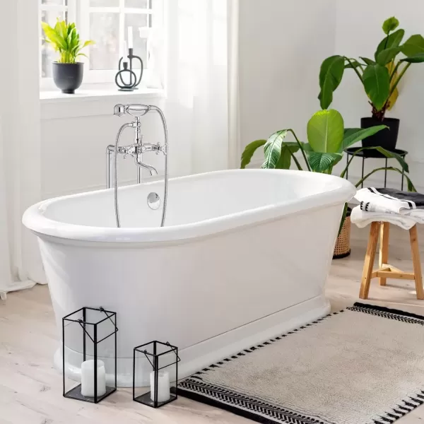 imagegotonovo Freestanding Bathtub Faucet Floor Mount Tub Filler with Double Cross Knobs 360 Rotation Spout High Flow Floor Standing Bathtub Shower Bell Shape Handheld Spray Polished ChromePolish Chrome