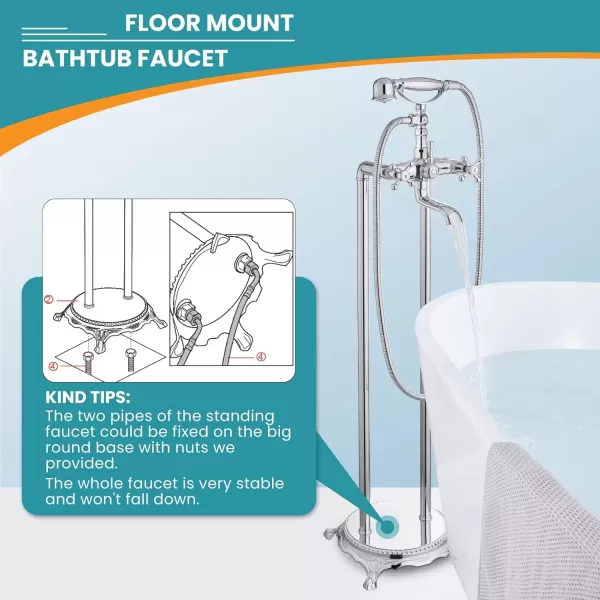 imagegotonovo Freestanding Bathtub Faucet Floor Mount Tub Filler with Double Cross Knobs 360 Rotation Spout High Flow Floor Standing Bathtub Shower Bell Shape Handheld Spray Polished ChromePolish Chrome