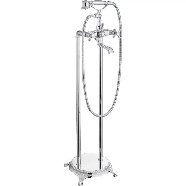 imagegotonovo Freestanding Bathtub Faucet Floor Mount Tub Filler with Double Cross Knobs 360 Rotation Spout High Flow Floor Standing Bathtub Shower Bell Shape Handheld Spray Polished ChromePolish Chrome