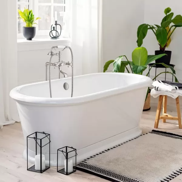 imagegotonovo Freestanding Bathtub Faucet Floor Mount Tub Filler with Double Cross Knobs 360 Rotation Spout High Flow Floor Standing Bathtub Shower Bell Shape Handheld Spray Polished ChromeBrushed Nickel