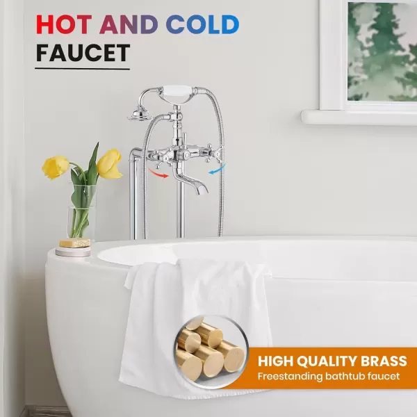 imagegotonovo Freestanding Bathtub Faucet Floor Mount Tub Filler with Double Cross Knobs 360 Rotation Spout High Flow Floor Standing Bathtub Shower Bell Shape Handheld Spray Polished ChromePolish Chrome