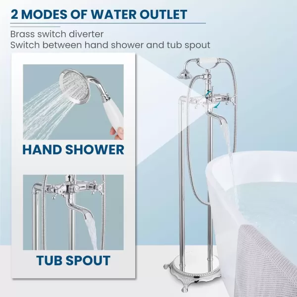 imagegotonovo Freestanding Bathtub Faucet Floor Mount Tub Filler with Double Cross Knobs 360 Rotation Spout High Flow Floor Standing Bathtub Shower Bell Shape Handheld Spray Polished ChromePolish Chrome