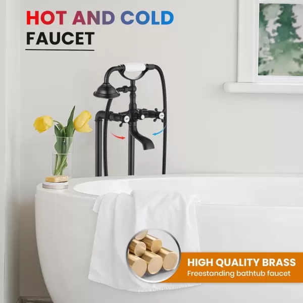 imagegotonovo Freestanding Bathtub Faucet Floor Mount Tub Filler with Double Cross Knobs 360 Rotation Spout High Flow Floor Standing Bathtub Shower Bell Shape Handheld Spray Polished ChromeOil Rubbed Bronze