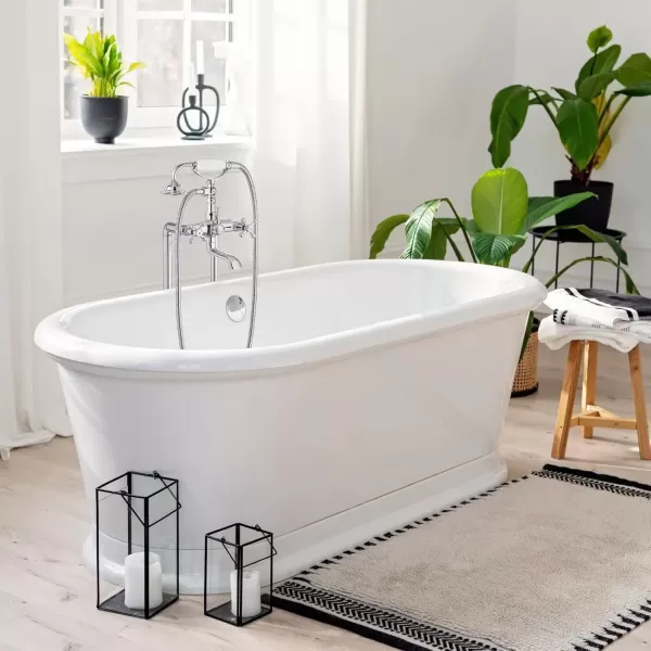 imagegotonovo Freestanding Bathtub Faucet Floor Mount Tub Filler with Double Cross Knobs 360 Rotation Spout High Flow Floor Standing Bathtub Shower Bell Shape Handheld Spray Polished ChromePolish Chrome