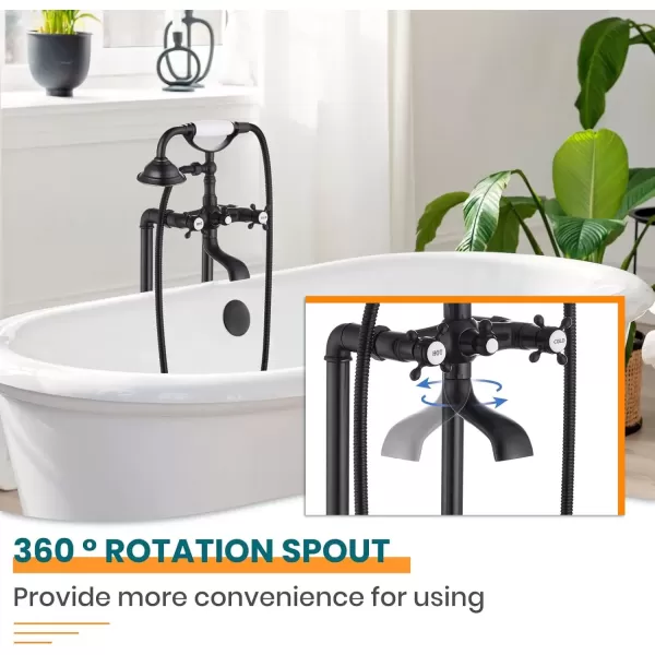 imagegotonovo Freestanding Bathtub Faucet Floor Mount Tub Filler with Double Cross Knobs 360 Rotation Spout High Flow Floor Standing Bathtub Shower Bell Shape Handheld Spray Polished ChromeOil Rubbed Bronze
