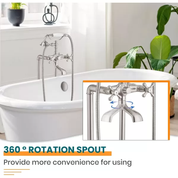 imagegotonovo Freestanding Bathtub Faucet Floor Mount Tub Filler with Double Cross Knobs 360 Rotation Spout High Flow Floor Standing Bathtub Shower Bell Shape Handheld Spray Polished ChromeBrushed Nickel