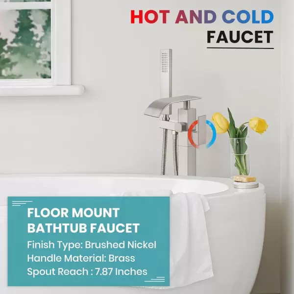 imagegotonovo Freestanding Tub Filler Floor Mount Bathtub Faucet with Single Handle Brass Tub Faucets with Handheld ShowerWaterfall SpoutMatte BlackBrushed Nickel