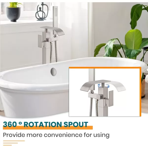 imagegotonovo Freestanding Tub Filler Floor Mount Bathtub Faucet with Single Handle Brass Tub Faucets with Handheld ShowerWaterfall SpoutMatte BlackBrushed Nickel