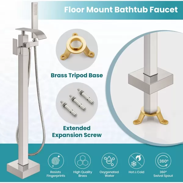 imagegotonovo Freestanding Tub Filler Floor Mount Bathtub Faucet with Single Handle Brass Tub Faucets with Handheld ShowerWaterfall SpoutMatte BlackBrushed Nickel