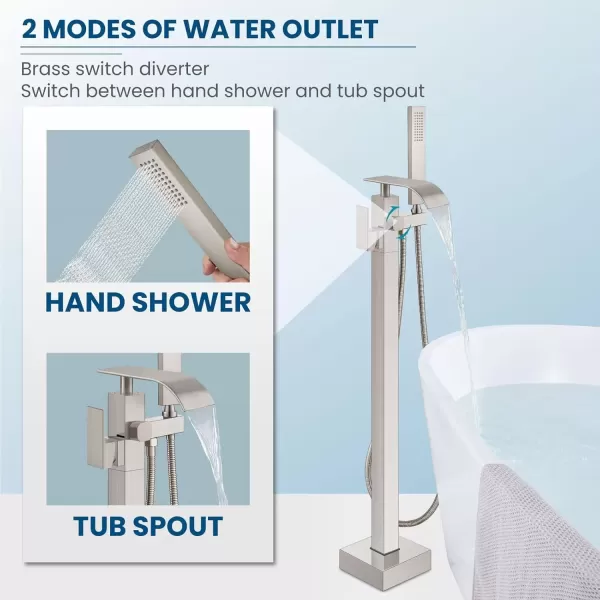imagegotonovo Freestanding Tub Filler Floor Mount Bathtub Faucet with Single Handle Brass Tub Faucets with Handheld ShowerWaterfall SpoutMatte BlackBrushed Nickel