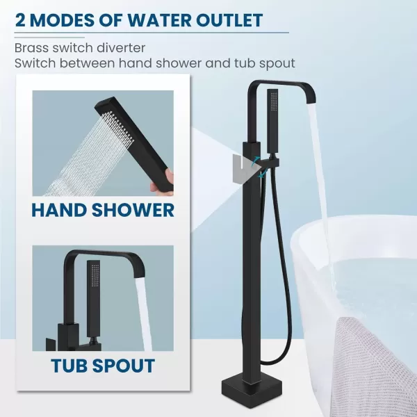 imagegotonovo Freestanding Tub Filler Floor Mount Bathtub Faucet with Single Handle Brass Tub Faucets with Handheld ShowerWaterfall SpoutMatte BlackMatte Black