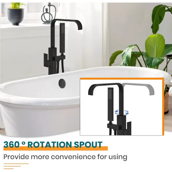 imagegotonovo Freestanding Tub Filler Floor Mount Bathtub Faucet with Single Handle Brass Tub Faucets with Handheld ShowerWaterfall SpoutMatte BlackMatte Black