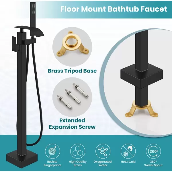 imagegotonovo Freestanding Tub Filler Floor Mount Bathtub Faucet with Single Handle Brass Tub Faucets with Handheld ShowerWaterfall SpoutMatte BlackMatte Black