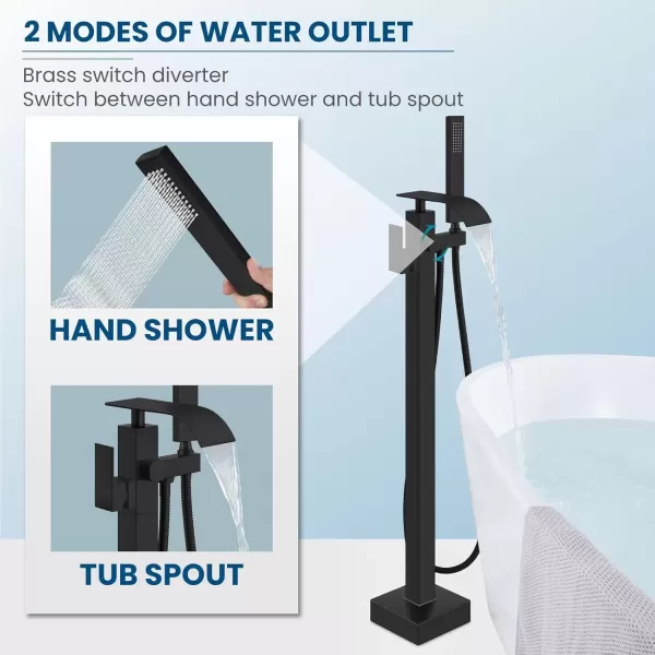 imagegotonovo Freestanding Tub Filler Floor Mount Bathtub Faucet with Single Handle Brass Tub Faucets with Handheld ShowerWaterfall SpoutMatte BlackMatte Black