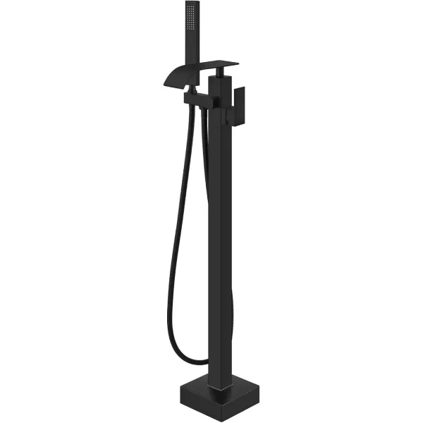 imagegotonovo Freestanding Tub Filler Floor Mount Bathtub Faucet with Single Handle Brass Tub Faucets with Handheld ShowerWaterfall SpoutMatte BlackMatte Black