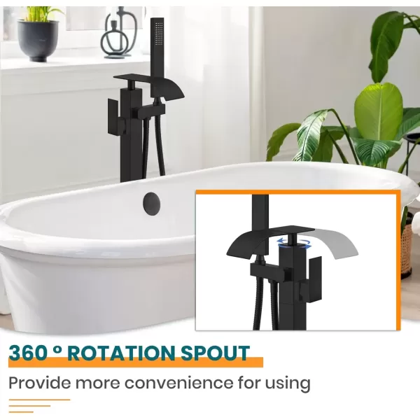 imagegotonovo Freestanding Tub Filler Floor Mount Bathtub Faucet with Single Handle Brass Tub Faucets with Handheld ShowerWaterfall SpoutMatte BlackMatte Black