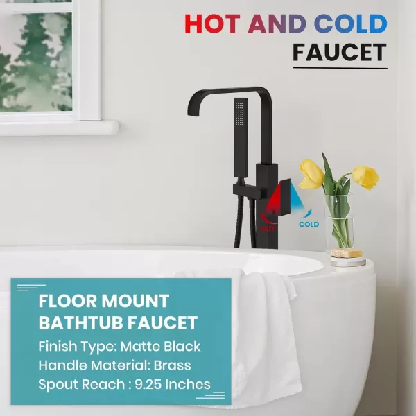 imagegotonovo Freestanding Tub Filler Floor Mount Bathtub Faucet with Single Handle Brass Tub Faucets with Handheld ShowerWaterfall SpoutMatte BlackMatte Black