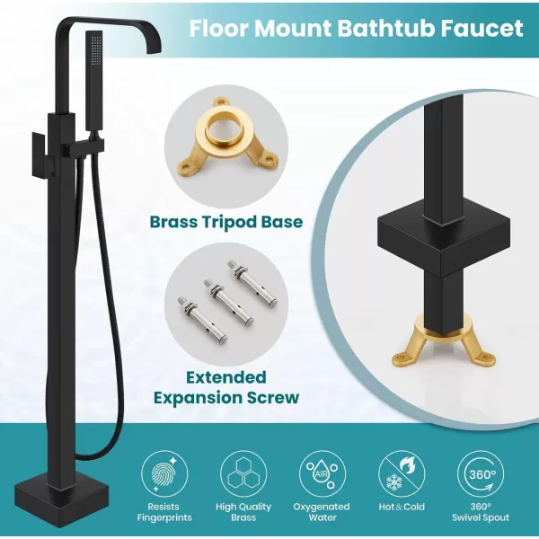 imagegotonovo Freestanding Tub Filler Floor Mount Bathtub Faucet with Single Handle Brass Tub Faucets with Handheld ShowerWaterfall SpoutMatte BlackMatte Black