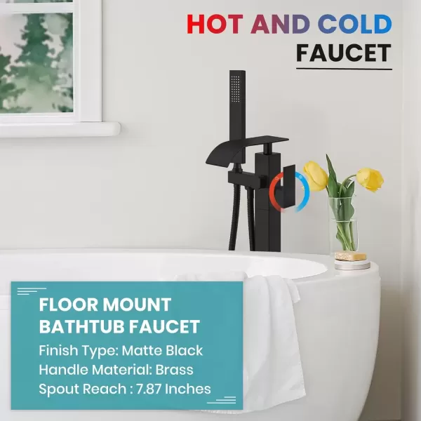imagegotonovo Freestanding Tub Filler Floor Mount Bathtub Faucet with Single Handle Brass Tub Faucets with Handheld ShowerWaterfall SpoutMatte BlackMatte Black