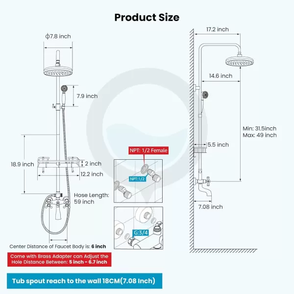 imagegotonovo Gold Polished Shower Faucet Sets 8 Inch Rainfall Shower Head Bathtub 2 Cross Knobs Mixer Rain Shower System Adjustable Hand Held Spray Shower UnitAntique Brass