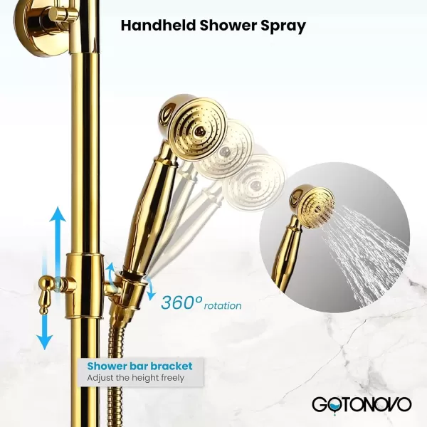 imagegotonovo Gold Polished Shower Faucet Sets 8 Inch Rainfall Shower Head Bathtub 2 Cross Knobs Mixer Rain Shower System Adjustable Hand Held Spray Shower UnitGold Polished