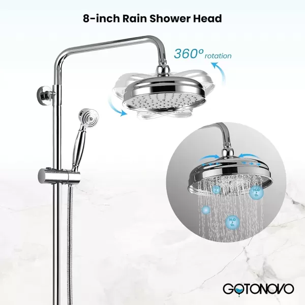 imagegotonovo Gold Polished Shower Faucet Sets 8 Inch Rainfall Shower Head Bathtub 2 Cross Knobs Mixer Rain Shower System Adjustable Hand Held Spray Shower UnitChrome Polish