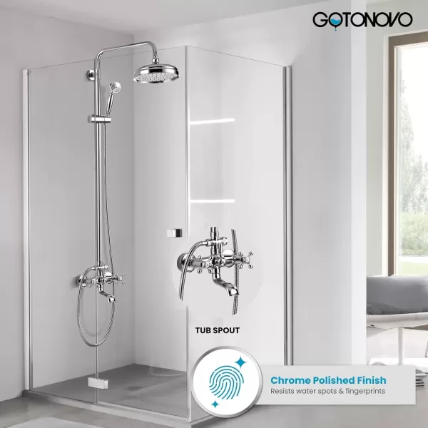 imagegotonovo Gold Polished Shower Faucet Sets 8 Inch Rainfall Shower Head Bathtub 2 Cross Knobs Mixer Rain Shower System Adjustable Hand Held Spray Shower UnitChrome Polish