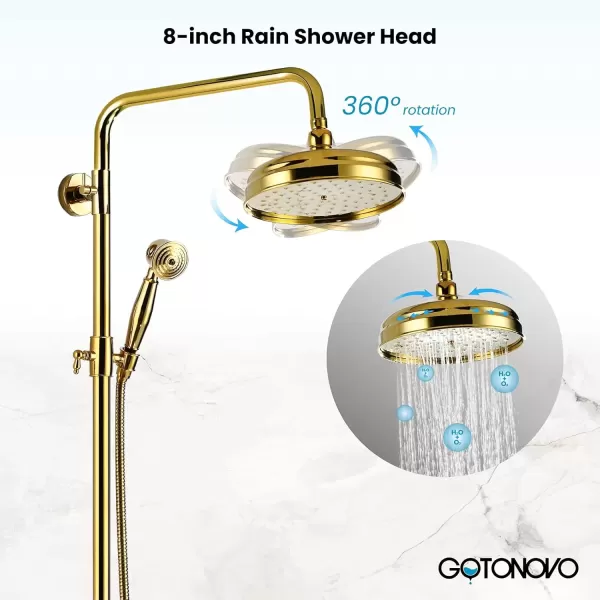 imagegotonovo Gold Polished Shower Faucet Sets 8 Inch Rainfall Shower Head Bathtub 2 Cross Knobs Mixer Rain Shower System Adjustable Hand Held Spray Shower UnitGold Polished