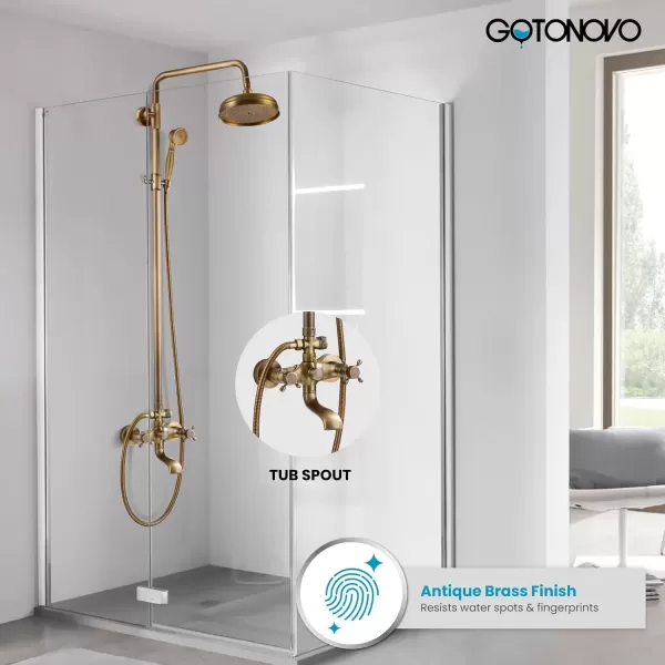 imagegotonovo Gold Polished Shower Faucet Sets 8 Inch Rainfall Shower Head Bathtub 2 Cross Knobs Mixer Rain Shower System Adjustable Hand Held Spray Shower UnitAntique Brass