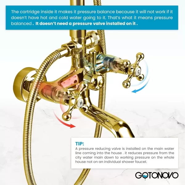 imagegotonovo Gold Polished Shower Faucet Sets 8 Inch Rainfall Shower Head Bathtub 2 Cross Knobs Mixer Rain Shower System Adjustable Hand Held Spray Shower UnitGold Polished
