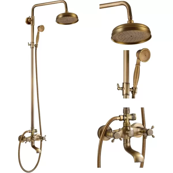 imagegotonovo Gold Polished Shower Faucet Sets 8 Inch Rainfall Shower Head Bathtub 2 Cross Knobs Mixer Rain Shower System Adjustable Hand Held Spray Shower UnitAntique Brass