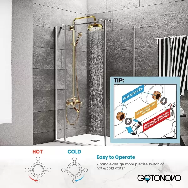 imagegotonovo Gold Polished Shower Faucet Sets 8 Inch Rainfall Shower Head Bathtub 2 Cross Knobs Mixer Rain Shower System Adjustable Hand Held Spray Shower UnitGold Polished