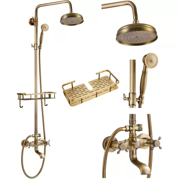 imagegotonovo Gold Polished Shower Faucet Sets 8 Inch Rainfall Shower Head Bathtub 2 Cross Knobs Mixer Rain Shower System Adjustable Hand Held Spray Shower UnitAntique Brass