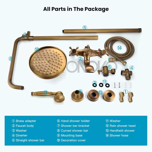 imagegotonovo Gold Polished Shower Faucet Sets 8 Inch Rainfall Shower Head Bathtub 2 Cross Knobs Mixer Rain Shower System Adjustable Hand Held Spray Shower UnitAntique Brass