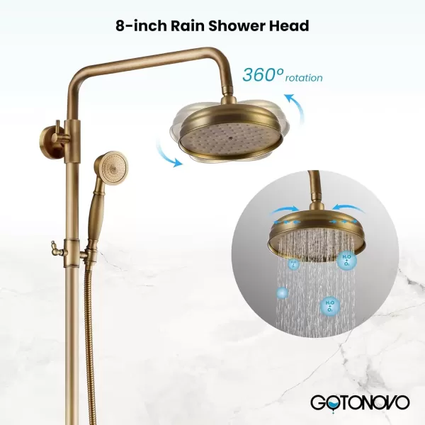imagegotonovo Gold Polished Shower Faucet Sets 8 Inch Rainfall Shower Head Bathtub 2 Cross Knobs Mixer Rain Shower System Adjustable Hand Held Spray Shower UnitAntique Brass
