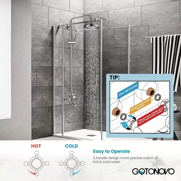 imagegotonovo Gold Polished Shower Faucet Sets 8 Inch Rainfall Shower Head Bathtub 2 Cross Knobs Mixer Rain Shower System Adjustable Hand Held Spray Shower UnitChrome Polish